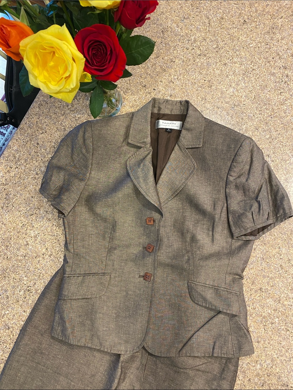 Tahari Arthur S Levine 2 Piece Skirt Lined Suit Brown Size 8